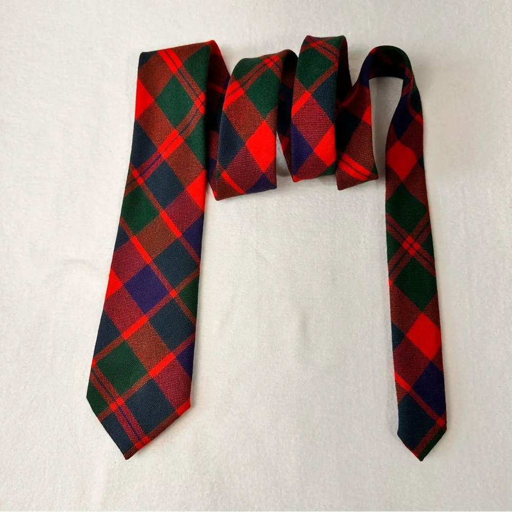 Vintage Scotland Glasgow Man's Tie Handmade Wool Red Multicolor Necktie Plaid